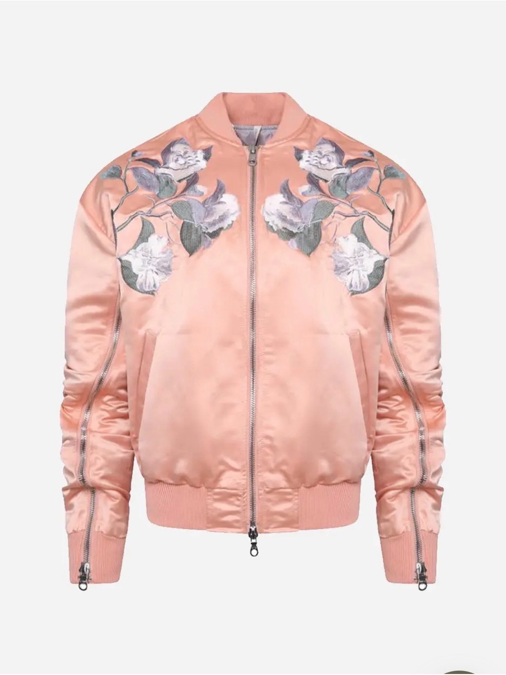 Embroidered Blush Pink Satin Bomber Jacket